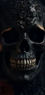 Gothic skull with floral motifs in dark tones.
