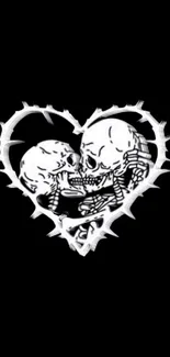 Gothic skulls encased in a heart on black background.