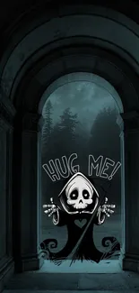 Gothic skull cartoon with 'Hug Me' in an archway, dark forest background.