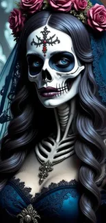 Gothic artwork of a skull-faced lady with roses in her hair.