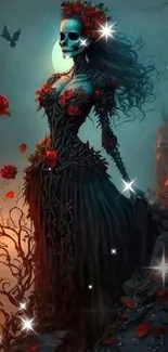 Gothic skeletal lady with roses on a cliff under moonlight.