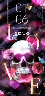 Gothic skull with roses and butterflies on a dark mobile wallpaper.