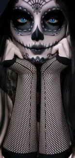 Gothic skull makeup wallpaper with dark theme and blue eyes.