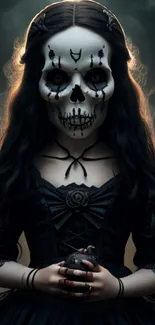 Gothic woman with skull mask in dark setting, holding an object.