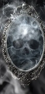 Ornate mirror with smokey skull reflection on dark background.