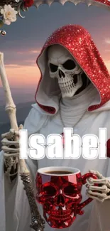 Gothic artwork of a skull reaper in red hood with floral decor.