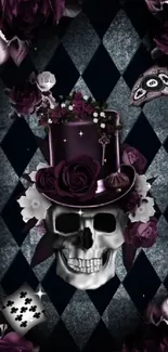 Gothic skull and rose wallpaper in dark purple tones.