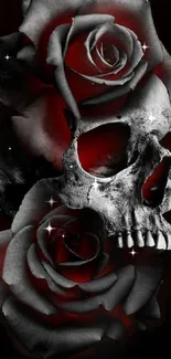 Gothic skull and red roses mobile wallpaper.