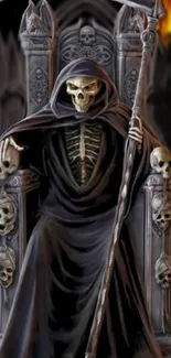 Gothic skeletal figure on a detailed throne with surrounding skulls wallpaper.