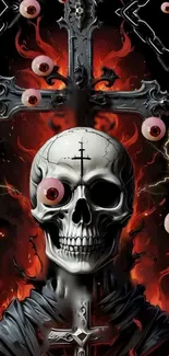 Gothic skull with red flames and crosses.