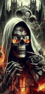 Gothic skull with flaming roses and cathedral background.