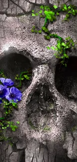 Gray gothic skull wallpaper with green vines and purple flowers.