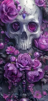 Gothic skull with purple flowers on wallpaper.