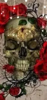 Gothic skull adorned with vibrant red roses on artistic wallpaper.