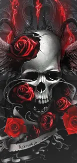 Gothic skull with roses and wings on a black background wallpaper.