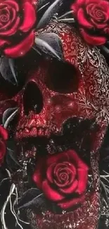 Gothic skull adorned with red roses on dark background.