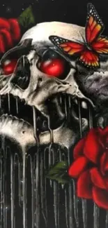 A gothic skull with red roses and a butterfly on black background.