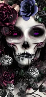 Gothic skull adorned with vibrant roses in a dark, artistic wallpaper design.