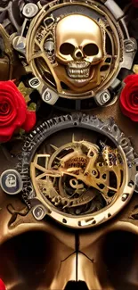 Gothic skull with red roses and golden gears design