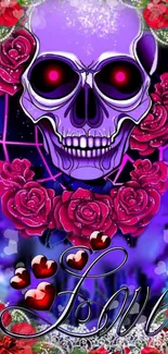 Gothic skull with red roses and love theme mobile wallpaper.