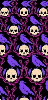 Gothic wallpaper with purple ravens and skulls on black.