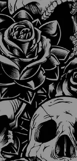 Gothic skulls and roses mobile wallpaper in black.