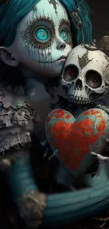 Gothic themed wallpaper with skulls and a heart with intricate blue patterns.