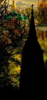 Gothic silhouette with vibrant city skyline at dusk.