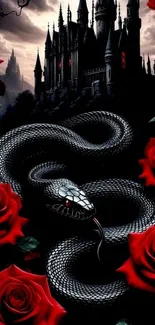 Black snake and red roses with gothic castle background.
