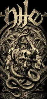 Dark mythical art wallpaper with serpents and skulls on a black background.