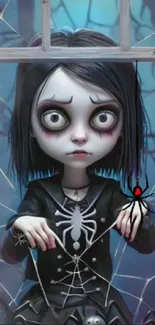 Gothic cartoon girl with spider and web.