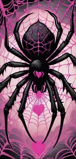 Gothic spider on vibrant pink web, mobile wallpaper design.