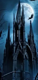 Gothic spire silhouetted against a full moon with crows in the night sky.
