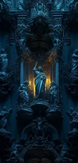 Gothic sculpture with ambient light on a dark blue background.
