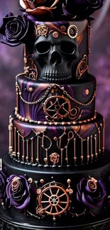 Gothic steampunk cake with skulls and purple roses.