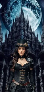 Steampunk character in front of a gothic castle under a moonlit sky.