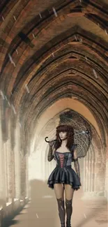 Gothic stone archway with light filtering through showcasing ancient architecture.