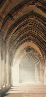Gothic stone corridor with arching ceilings in a medieval style design.