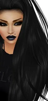 Gothic style digital art character with long black hair and dramatic makeup.