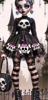 Gothic style fantasy girl with skull-themed outfit and dark castle background.