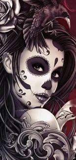 Gothic sugar skull girl with raven and roses, mobile wallpaper art.