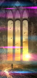 Fantasy sunset through gothic windows with vibrant colors and silhouettes.