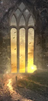 Gothic archway with a sunset and birds, perfect for mobile wallpaper.