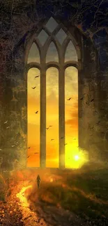 Mystical gothic archway with sunset view.