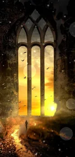 Gothic archway with sunset and fantasy elements in a mobile wallpaper.