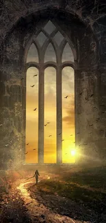 Majestic gothic arch with sunset glow and birds, perfect for mobile wallpaper.