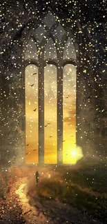 Gothic archway with a golden sunset and dreamy atmosphere for phone wallpaper.