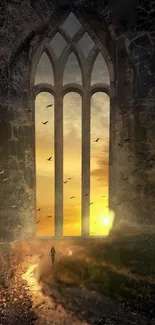 Gothic window with sunset scenery on phone wallpaper.