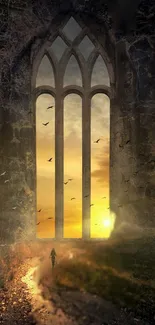 Gothic window with a golden sunset view, ideal for mobile screen.