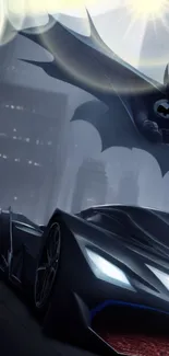 Superhero in dark city with futuristic car art.